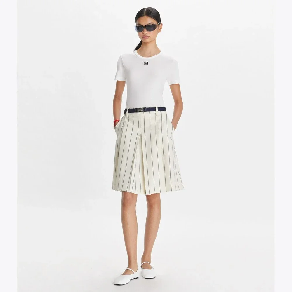 Tory Burch Wool Performance Pleated Golf Mini Skirt New Ivory Light Stripe 2